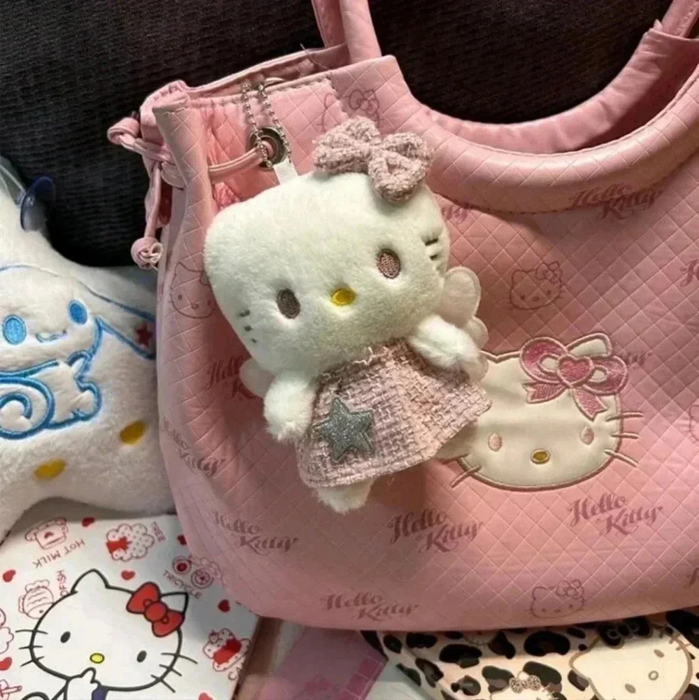 Hello kitty cute pink keychain plush wings bow white dress bag backpack womens